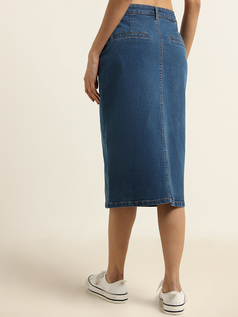 Bite The Bullet from Judy Blue: High-Rise Back Slit Hem Mid Length Denim  Skirt | Ava Lane Boutique - Women's clothing and accessories